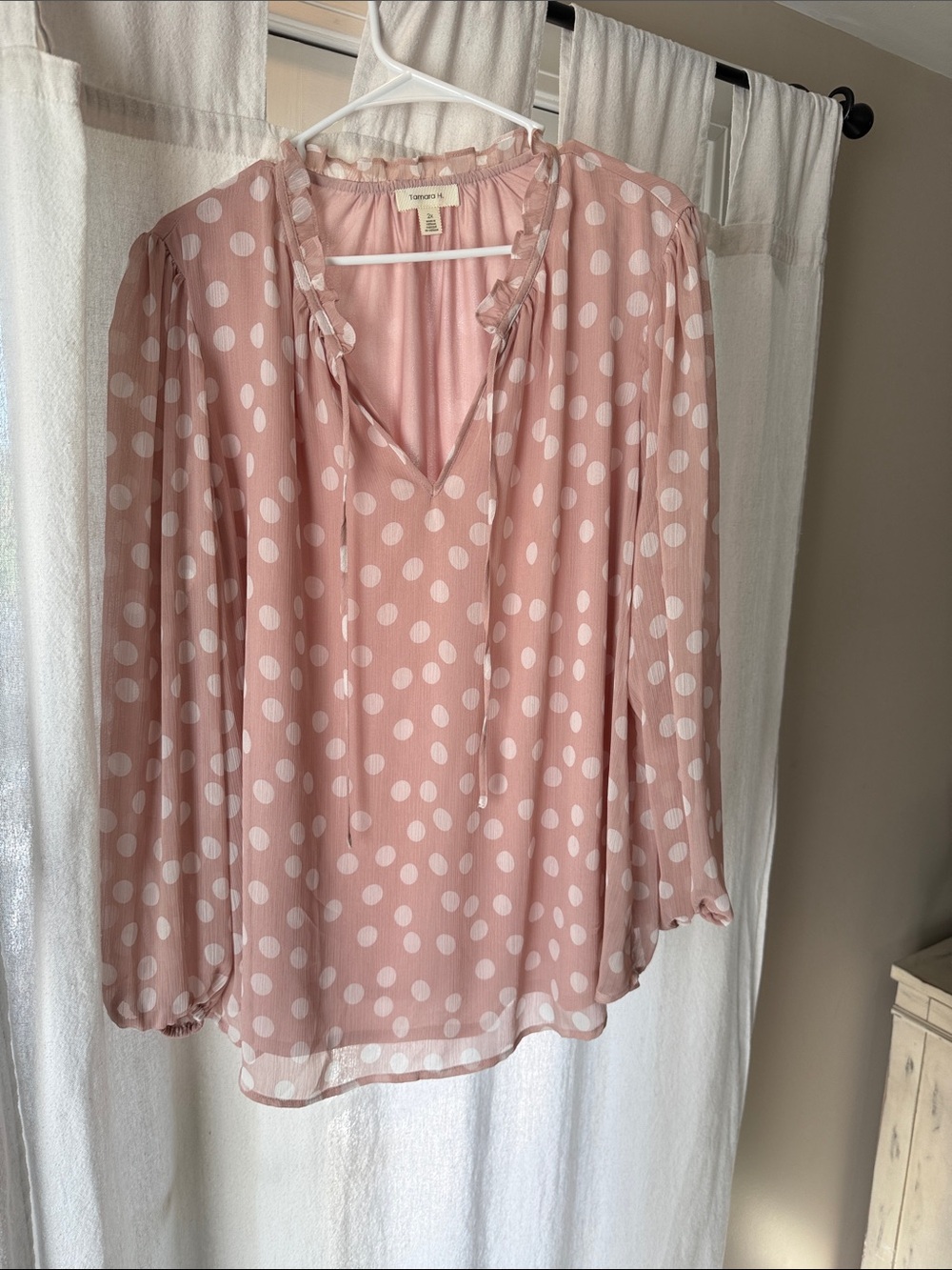 Polka Dot Ruffle Tie-Neck Blouse in Blush Pink